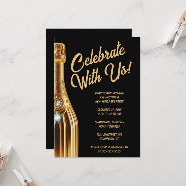 Invitation Bouteille de Champagne dorée sur un réveillon de N (Devant/Arrière en situation)