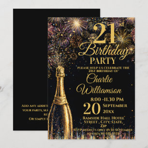 Invitation Bouteille de champagne pétillant pour 21 ans en or