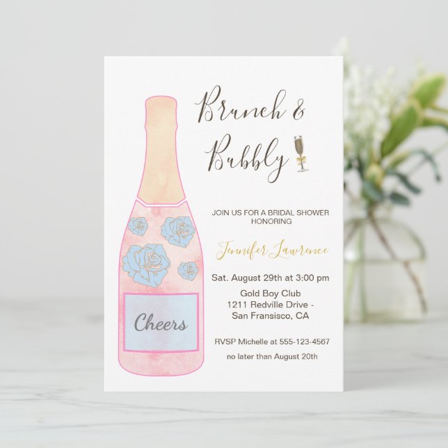 Invitation Bouteille de Champagne Rose Bulles pour Brunch et  (Debout devant)