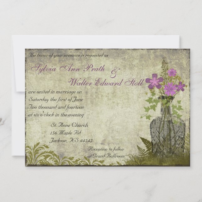 Invitation Bouteille de fleurs violettes Vintage Mariage Invi (Devant)