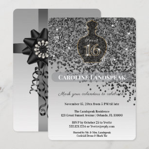 Invitation Bouteille de parfum Sweet 16 Noir Noir Paillettes 