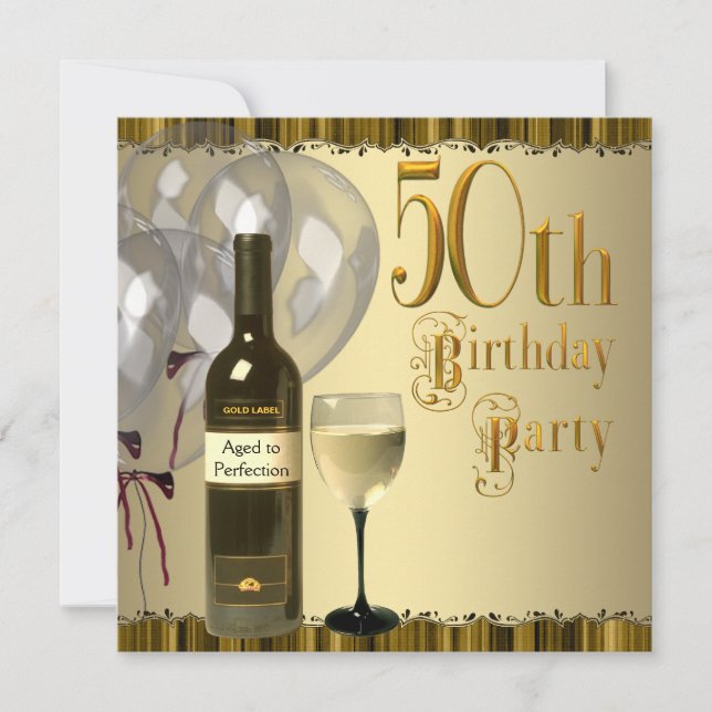 Invitation Bouteille de Verre à Vin Or 50e Fête d'Anniversair (Devant)