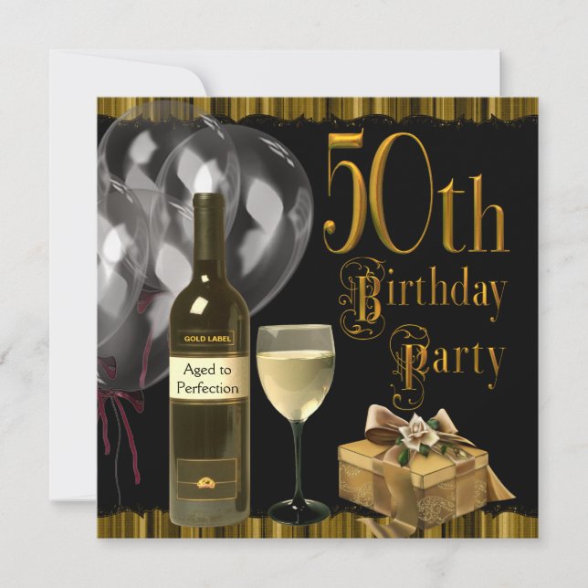 Invitation Bouteille de Verre à Vin Or 50e Fête d'Anniversair (Devant)