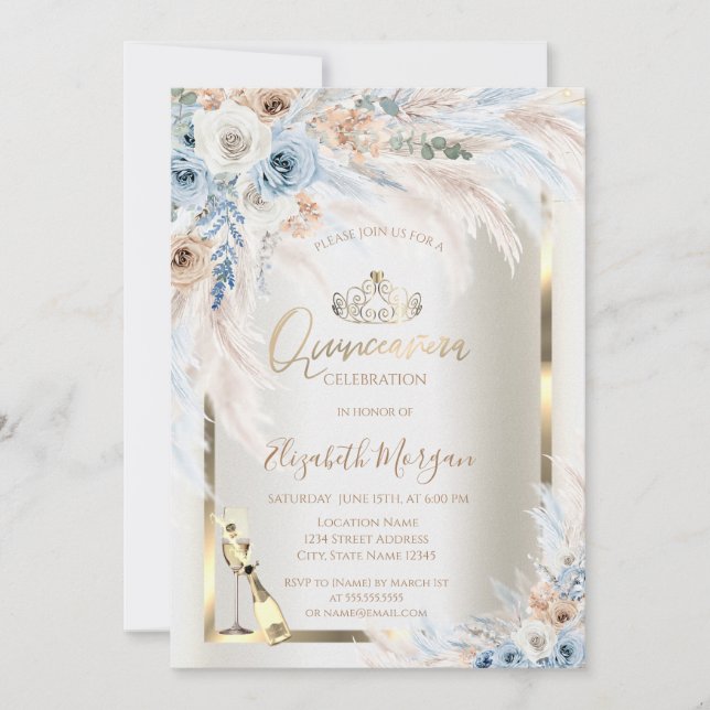 Invitation Bouteille de verre Bleu Roses Pampas Grass Quincea (Devant)