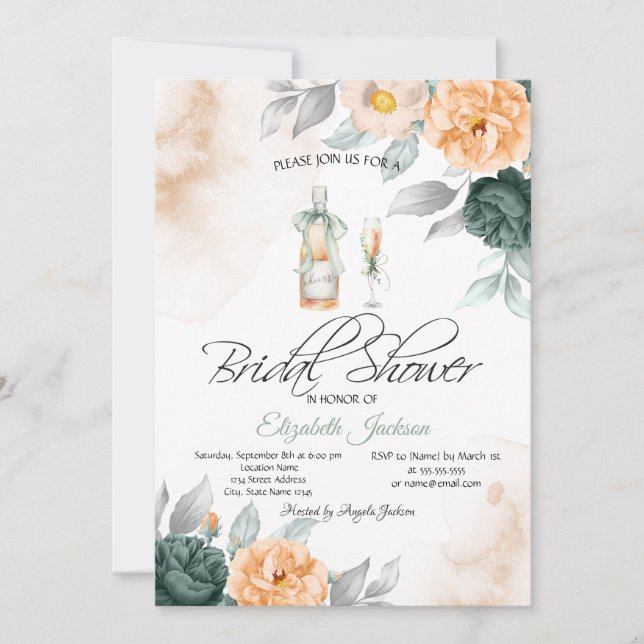 Invitation Bouteille de Vin Verre Chic Roses Verts Points (Devant)