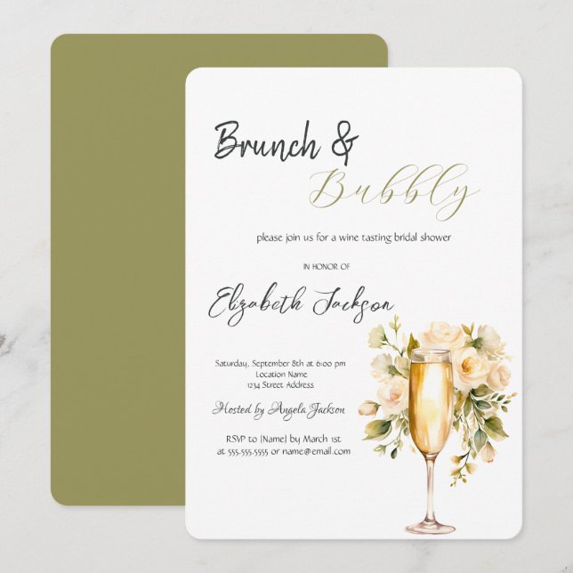 Invitation Bouteille de vin Verre Fleur Verte Brunch et Bulle (Devant / Derrière)