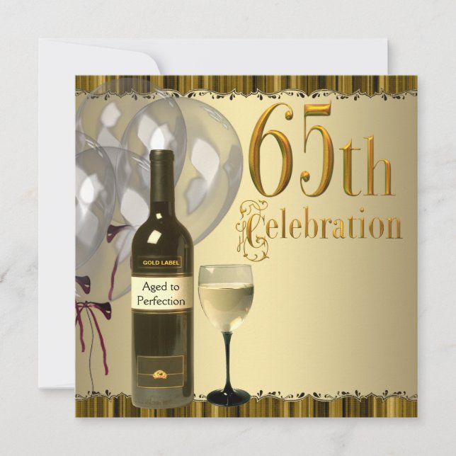 Invitation Bouteille de vin Verre Or 65e anniversaire (Devant)