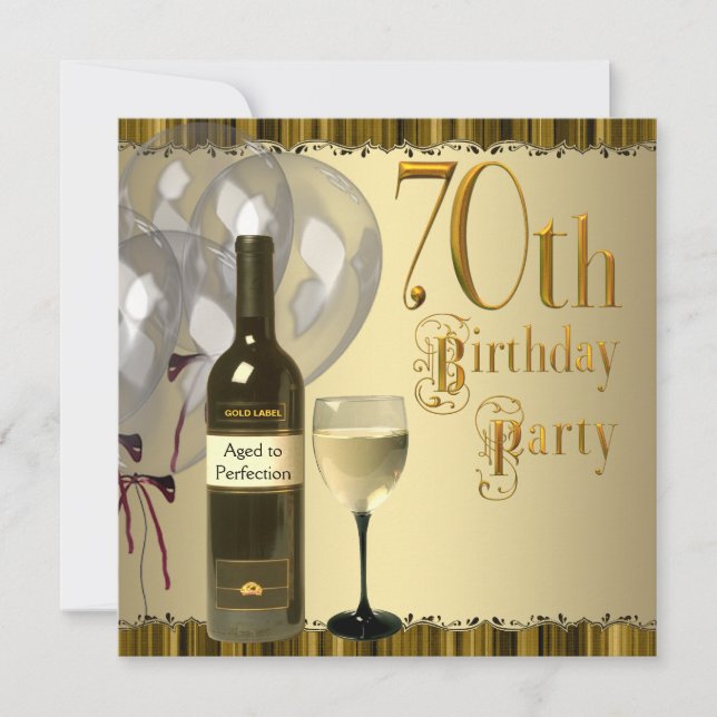 Invitation Bouteille de vin Verre Or 70e Fête d'anniversaire (Devant)