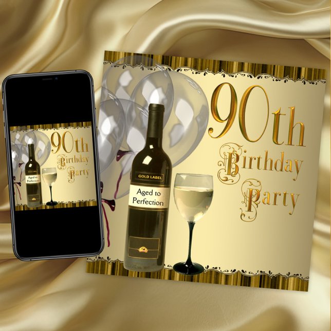 Invitation Bouteille de vin Verre Or 90e Fête d'anniversaire (90th birthday party invitation. Instant download and printed invitations available.)