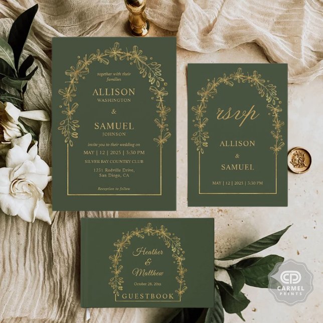Invitation Bouteille foncée personnalisée Fleurs d'or vert Fl (Custom Dark Bottle Green Gold Flowers Floral Invitation)