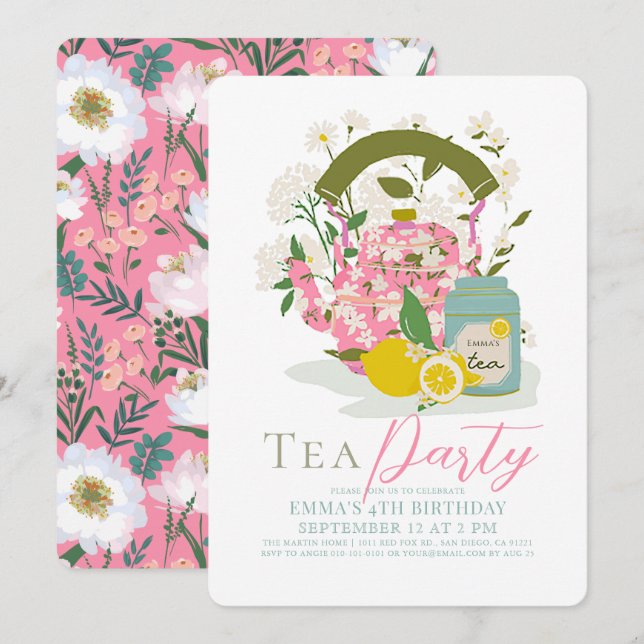 Invitation Bouteille rose Floral Citron Tea Party Fille Anniv (Devant / Derrière)