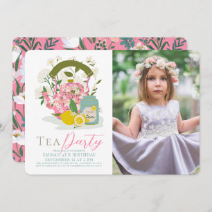 Invitation Bouteille rose Floral Citron Tea Party Fille Anniv