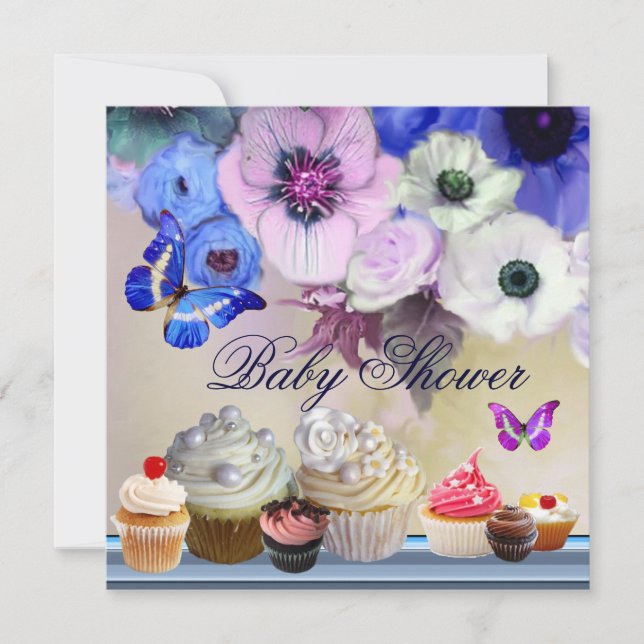 Invitation BOUTEILLE, ROSES, FLEURS, CUPCAKES Baby shower Ble (Devant)