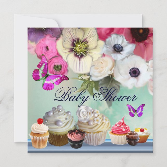 Invitation BOUTEILLE, ROSES, FLEURS, CUPCAKES Baby shower ros (Devant)