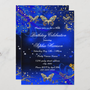 Invitation Bouteille Royal Blue Gold Butterfly fête d'anniver