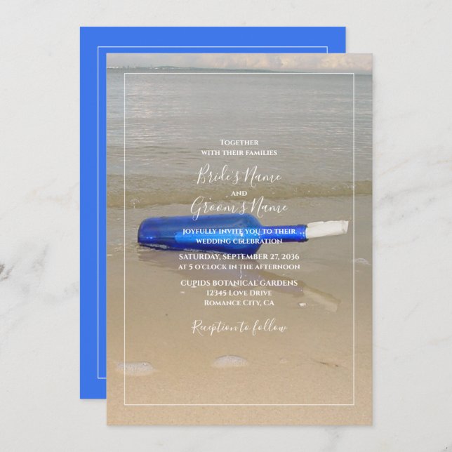 Invitation Bouteille sur Sable de Plage de Mariage (Devant / Derrière)