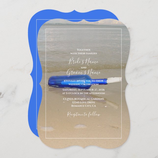 Invitation Bouteille sur Sable de Plage Mariage (Devant / Derrière)