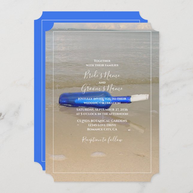 Invitation Bouteille sur Sable de Plage Mariage (Devant / Derrière)