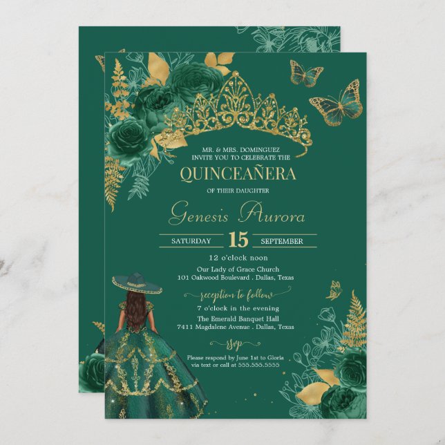 Invitation Bouteille verte Emerald Charro Quinceañera (Devant / Derrière)
