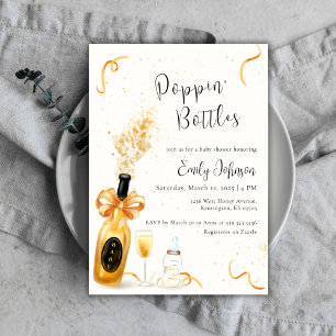 Invitation Bouteilles Black Gold Poppin Baby shower Champagne