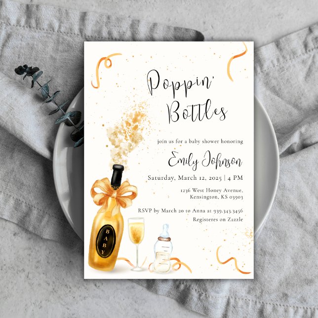 Invitation Bouteilles Black Gold Poppin Baby shower Champagne (Black Gold Poppin Bottles Champagne Baby Shower Invitation)