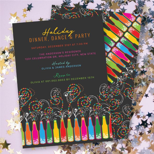Invitation Bouteilles colorées Bubbly Fête Fête Fête (Colorful Bottles Bubbly Celebrations Holiday Party Invitation @ fat_fa_tin)