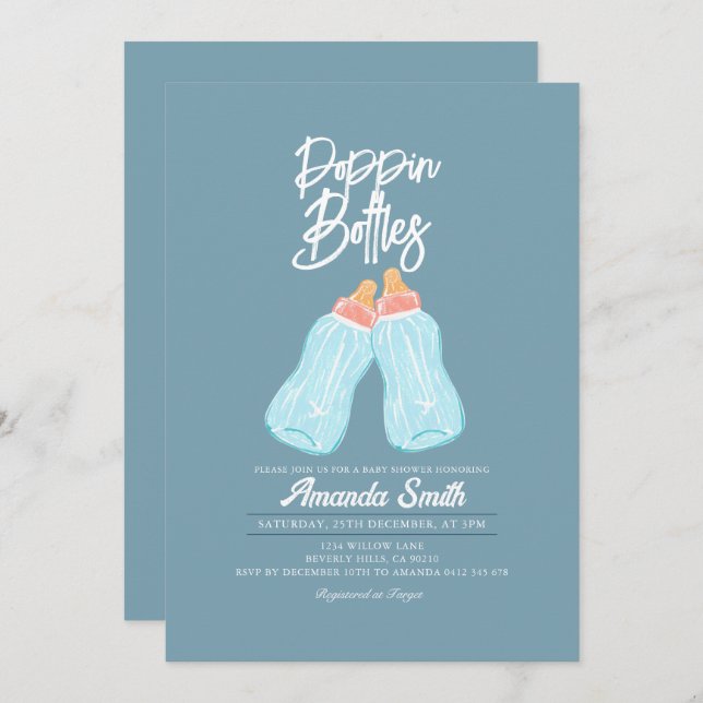 Invitation Bouteilles de Baby shower Blue Green Poppin Invita (Devant / Derrière)