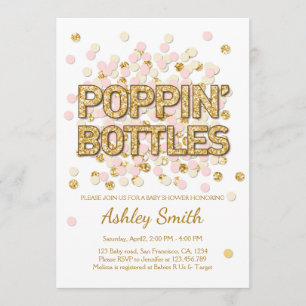 Invitation Bouteilles de Baby shower Poppin Confetti Gold ros