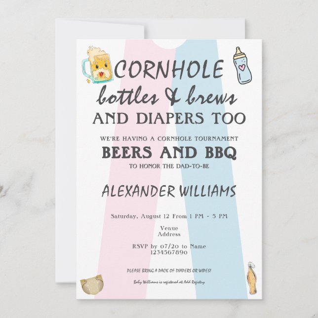 Invitation Bouteilles de Cornhole Brews & Diapers Baby shower (Devant)