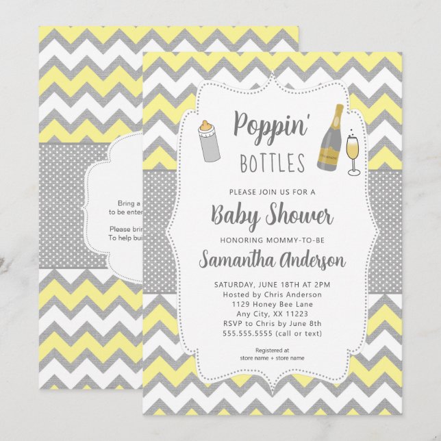 Invitation Bouteilles de Poppin' Baby shower gris jaune (Devant / Derrière)