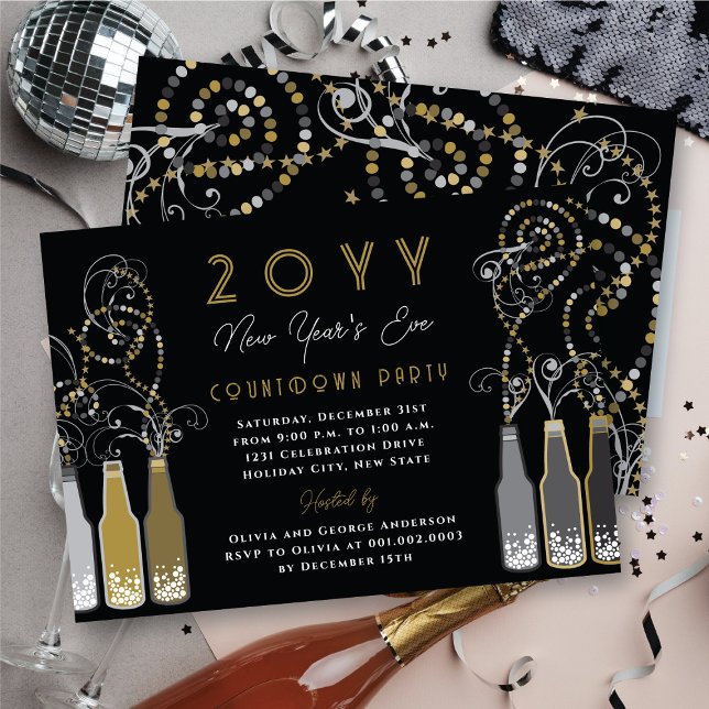 Invitation Bouteilles d'or tournoient la fête de la Saint-Syl (Gold Bubbly Bottles Swirls New Year's Eve Party Invitation @ fat_fa_tin)