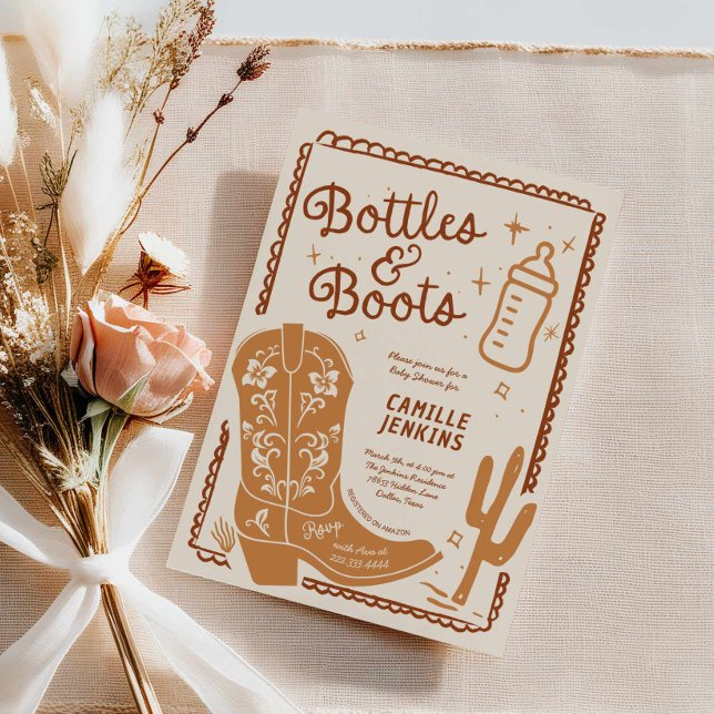 Invitation Bouteilles et Bottes Baby shower tiré à la main (Bottles and boots Baby Shower Invite)