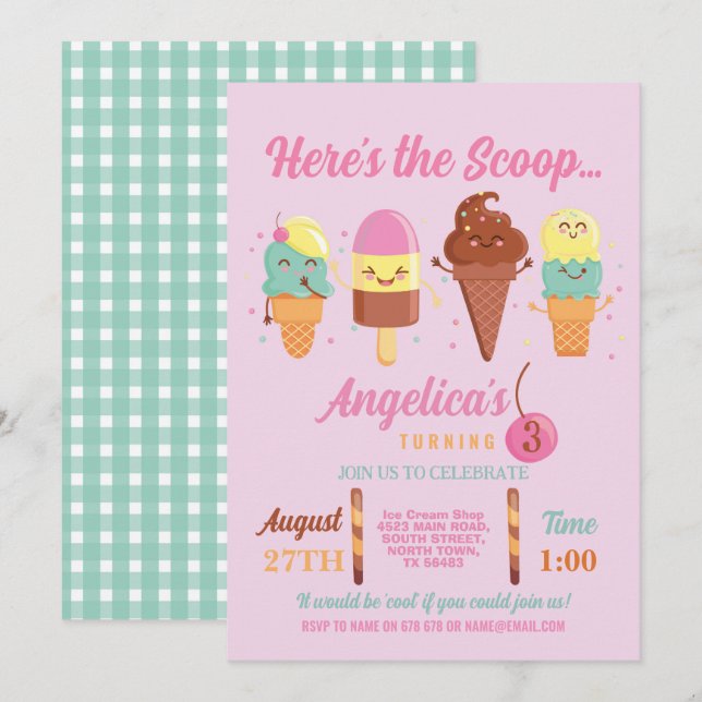 Invitation Boutique de cuillères de glace Crème glacée Filles (Devant / Derrière)