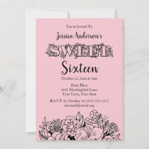 Invitation Boutique parisienne Sweet sixteen floral rose noir