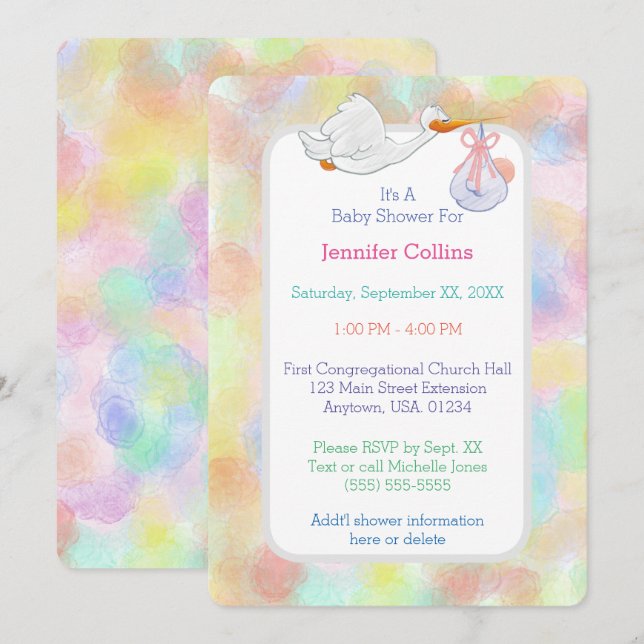 Invitation Boutique Pastel Aquarelles avec Baby shower Bundle (Devant / Derrière)