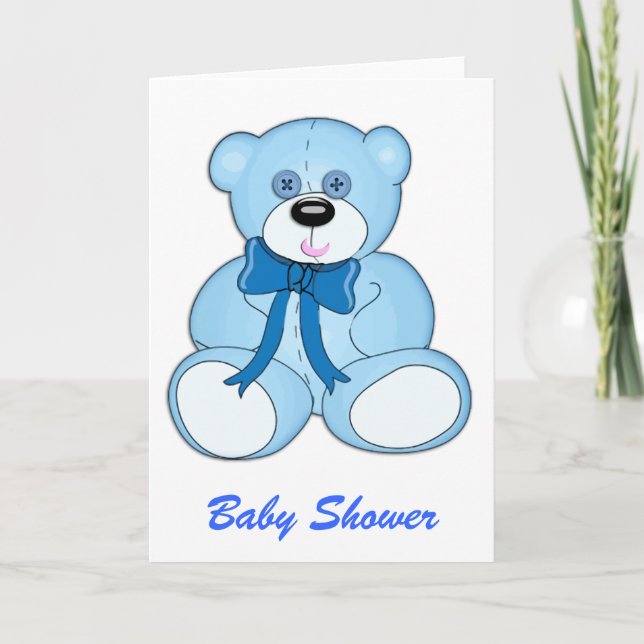 Invitation Bouton bleu Baby shower d'ours en peluche (Devant)