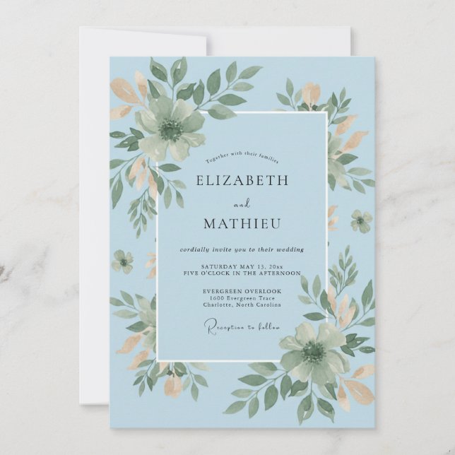 Invitation Bouton d'or Azur Feuillage Eucalyptus Mariage (Devant)