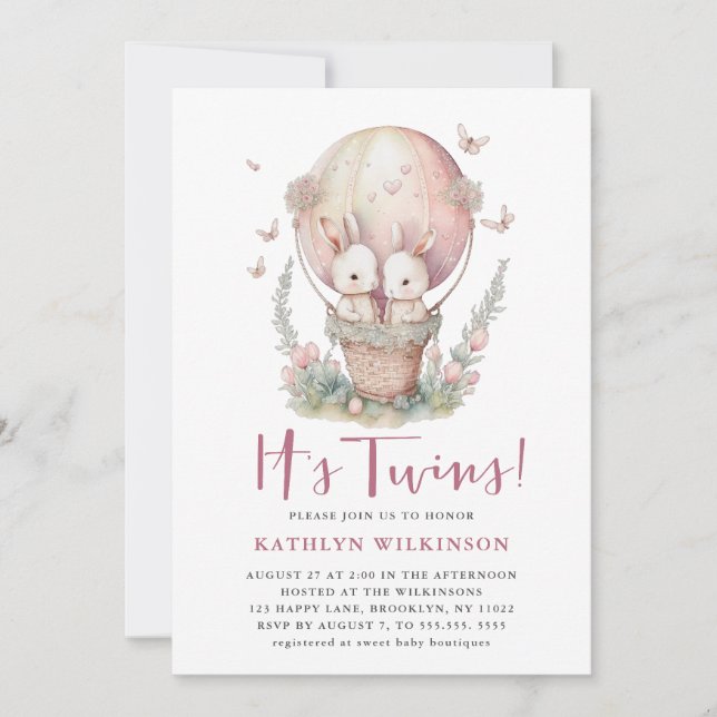 Invitation Bouton rose C’est un Baby shower jumeau pour fille (Devant)