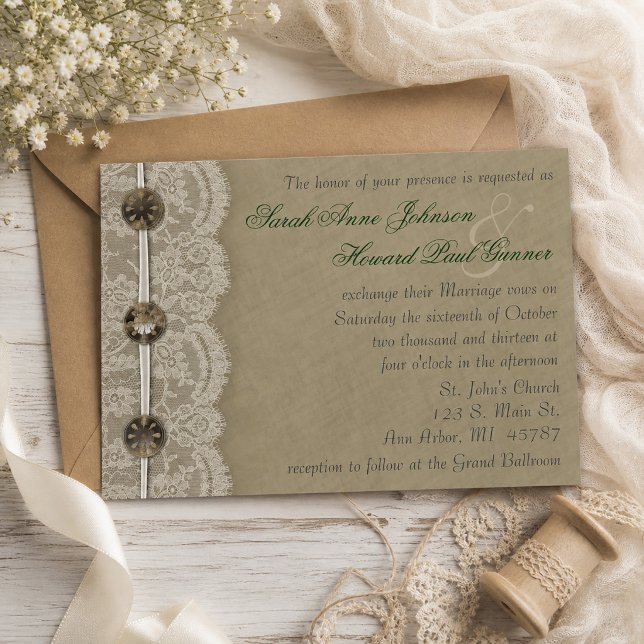 Invitation Boutons Anciens et Dentelle Mariage Rustique (Vintage Buttons and Lace Rustic Wedding Invitation)
