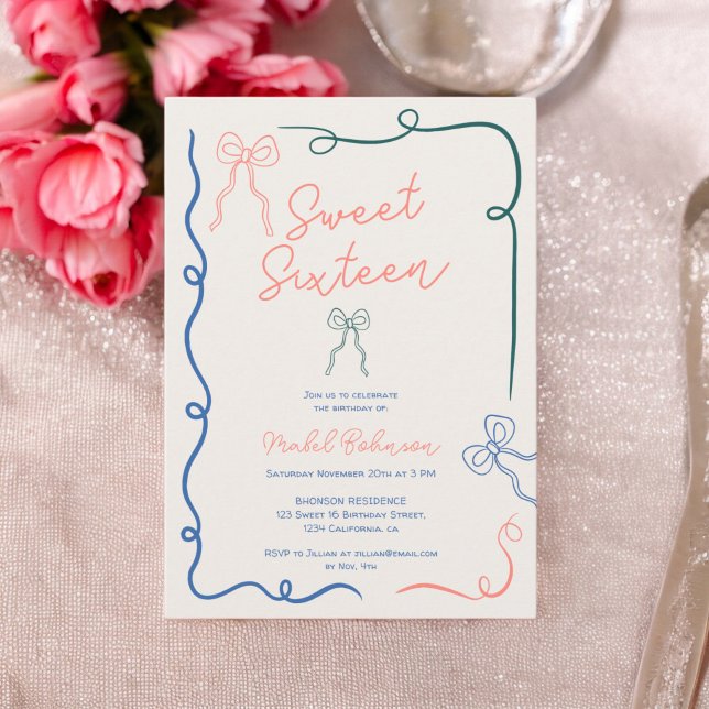 Invitation Boutons bleu chic rubans illustrations Sweet 16 (Chic blue pink bows ribbons illustrations Sweet 16 Invitation)