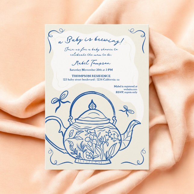 Invitation Boutons bleu rétro teapot bébé brasse Baby shower (Retro blue bows teapot baby is brewing Baby shower Invitation)