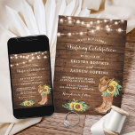 Invitation Bouts de tournesol éclaire le Mariage occidental<br><div class="desc">Apportez une touche d'élégance rustique à votre mariage avec cette Chaîne Sunflower Boots Lights Western Faire-part de mariage. Cette invitation présente un beau design avec des tournesols, des bottes de cowboy et des lampes à cordes scintillantes. Idéal pour les couples qui aiment le plein air et qui veulent célébrer leur...</div>