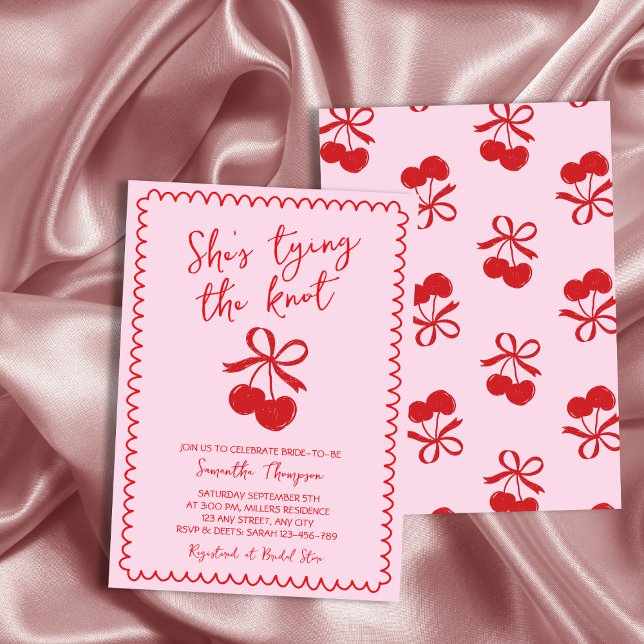 Invitation Bow Attache Le noeud Cherry main tiré Fête des mar (Bow Tying The Knot Cherry Hand Drawn Bridal Shower Invitation)