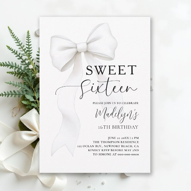 Invitation Bow Black White Modern Simple Elegant Sweet 16 (sweet sixteen birthday party invitation bow fashion simple classy black and white script)