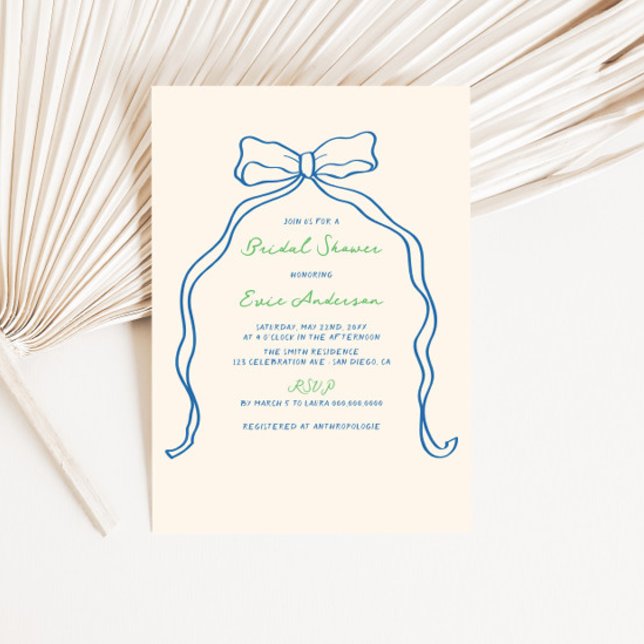 Invitation Bow bleu blanc Fête des mariées manuscrite (Créateur téléchargé)