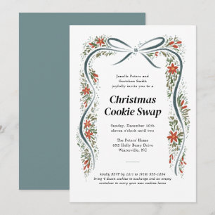 Invitation Bow bleu et Poinsettias Noël