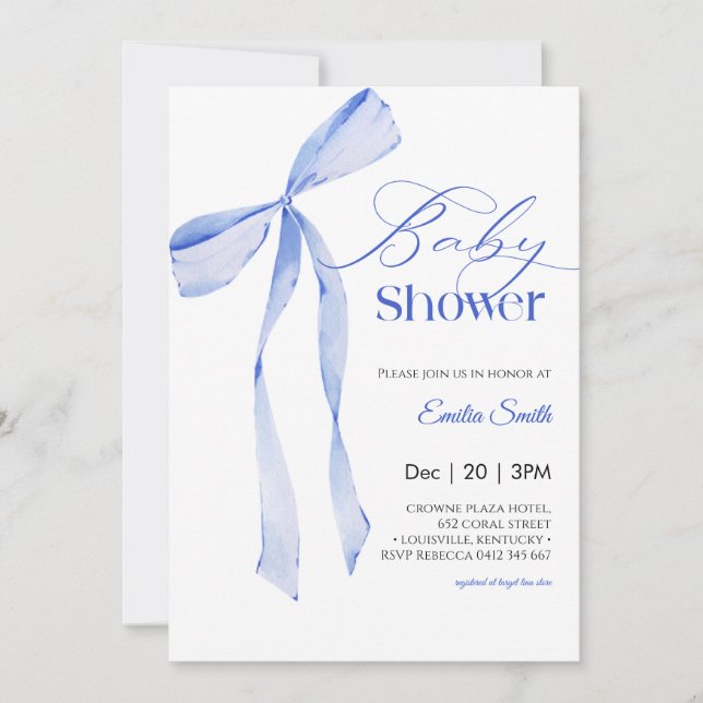 Invitation  Bow Blue boy Baby shower (Devant)