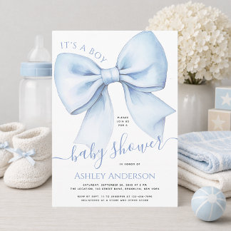 Invitation Bow Blue & White Watercolor It's a Boy Baby Shower