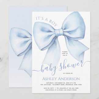 Invitation Bow Blue & White Watercolor It's a Boy Baby Shower
