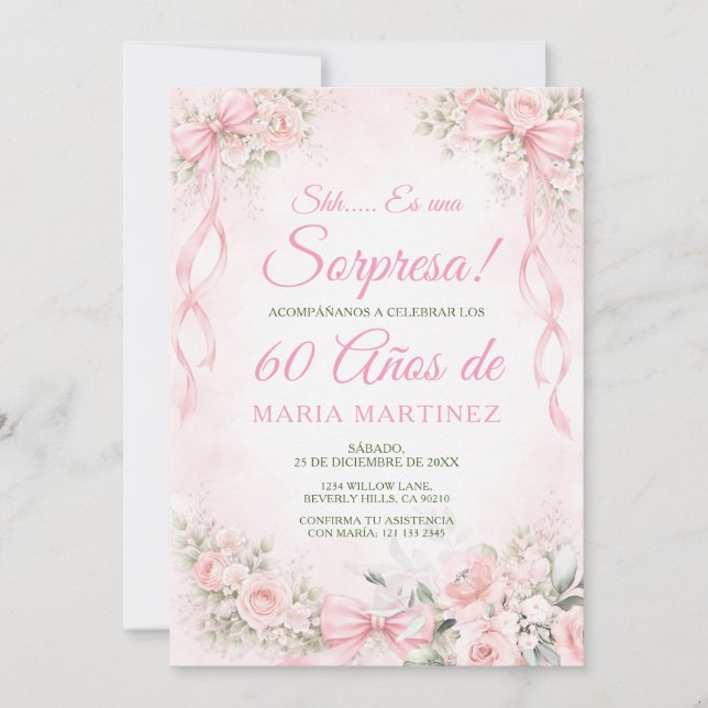 Invitation Bow Blush Fleurs Rose Sorpresa 60 Ans Anniversaire (Devant)